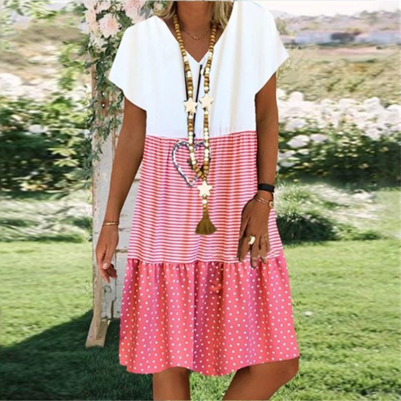 Stripe Polka Dot Print V-neck Short Sleeves Short Dress