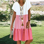 Stripe Polka Dot Print V-neck Short Sleeves Short Dress