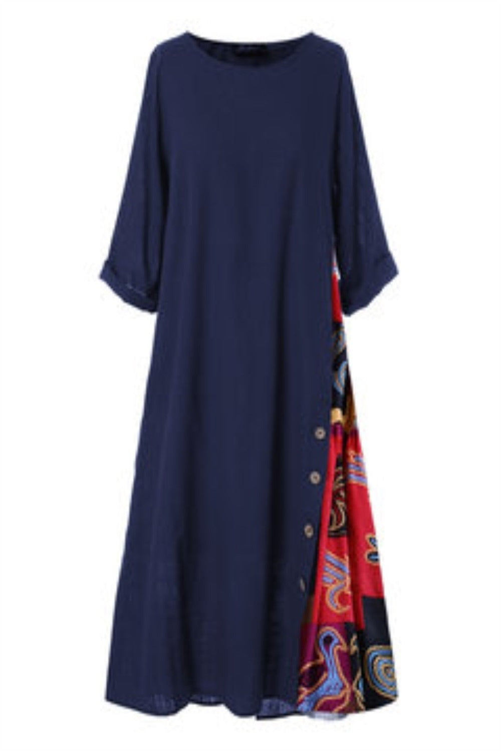 Patchwork Print O-neck 3/4 Sleeves Maxi Dress
