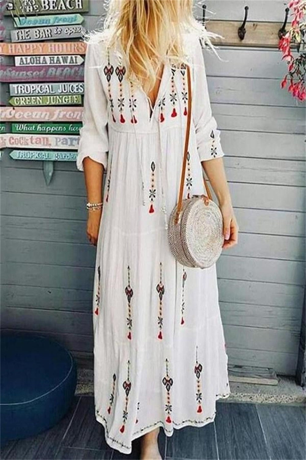 Geometric Print V-neck Long Sleeves Maxi Dress
