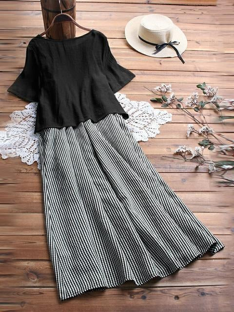 Plaid Casual Round Neck Short Sleeves Maxi Two Piece Dress