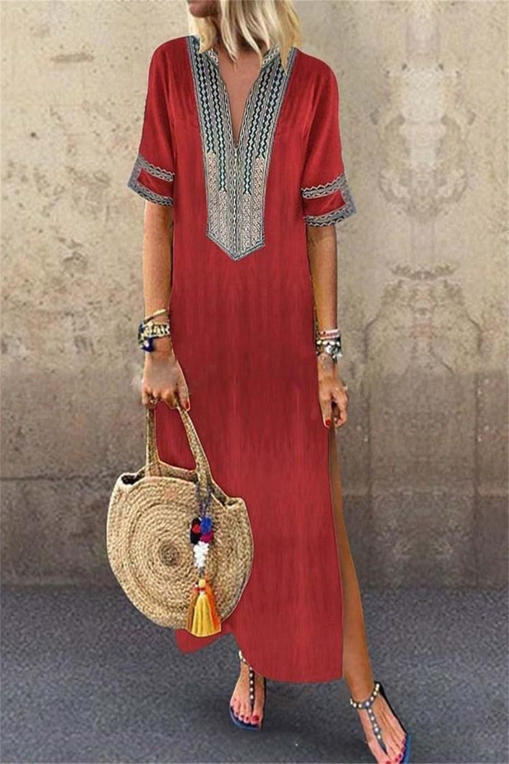 Patchwork Print V-neck Short Sleeves Maxi Dress