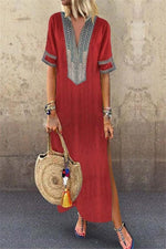 Patchwork Print V-neck Short Sleeves Maxi Dress