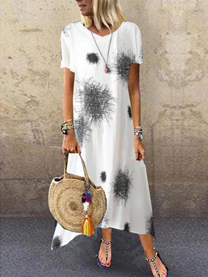 Abstract Print Round Neck Short Sleeves Midi Dress