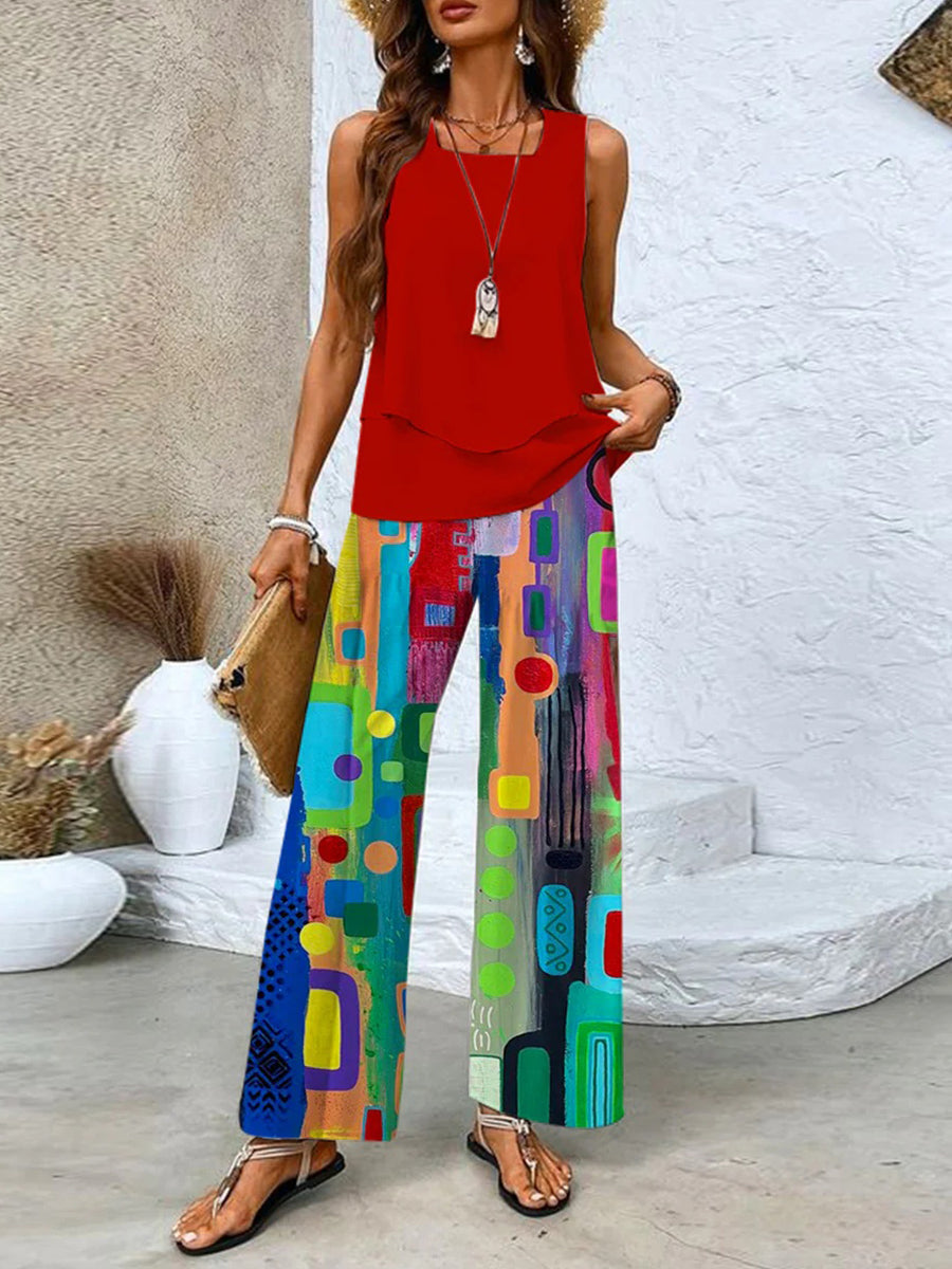 Red Square Neck Sleeveless Two Piece Set