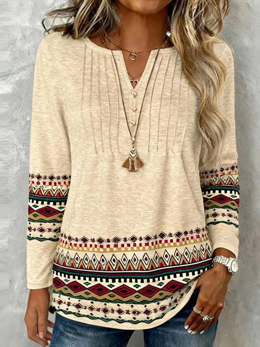 Stylish Ethnic Geometric Print Notched Long Sleeve Blouse