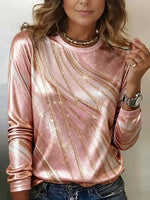 Radiant Pink Diagonal Stripe Shiny Print Round Neck Long Sleeve Casual Blouse