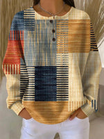 Classic Color Block Crew Neck Long Sleeve Buttons Casual Sweatshirt