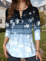 Snowflake Gradient Color Print Notched Long Sleeve Casual Blouse