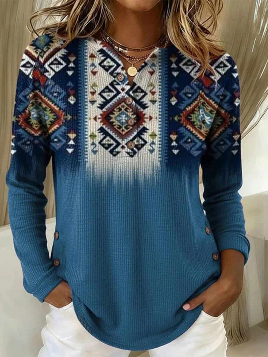 Vintage Ethnic Print V-neck Long Sleeve Casual Blouse