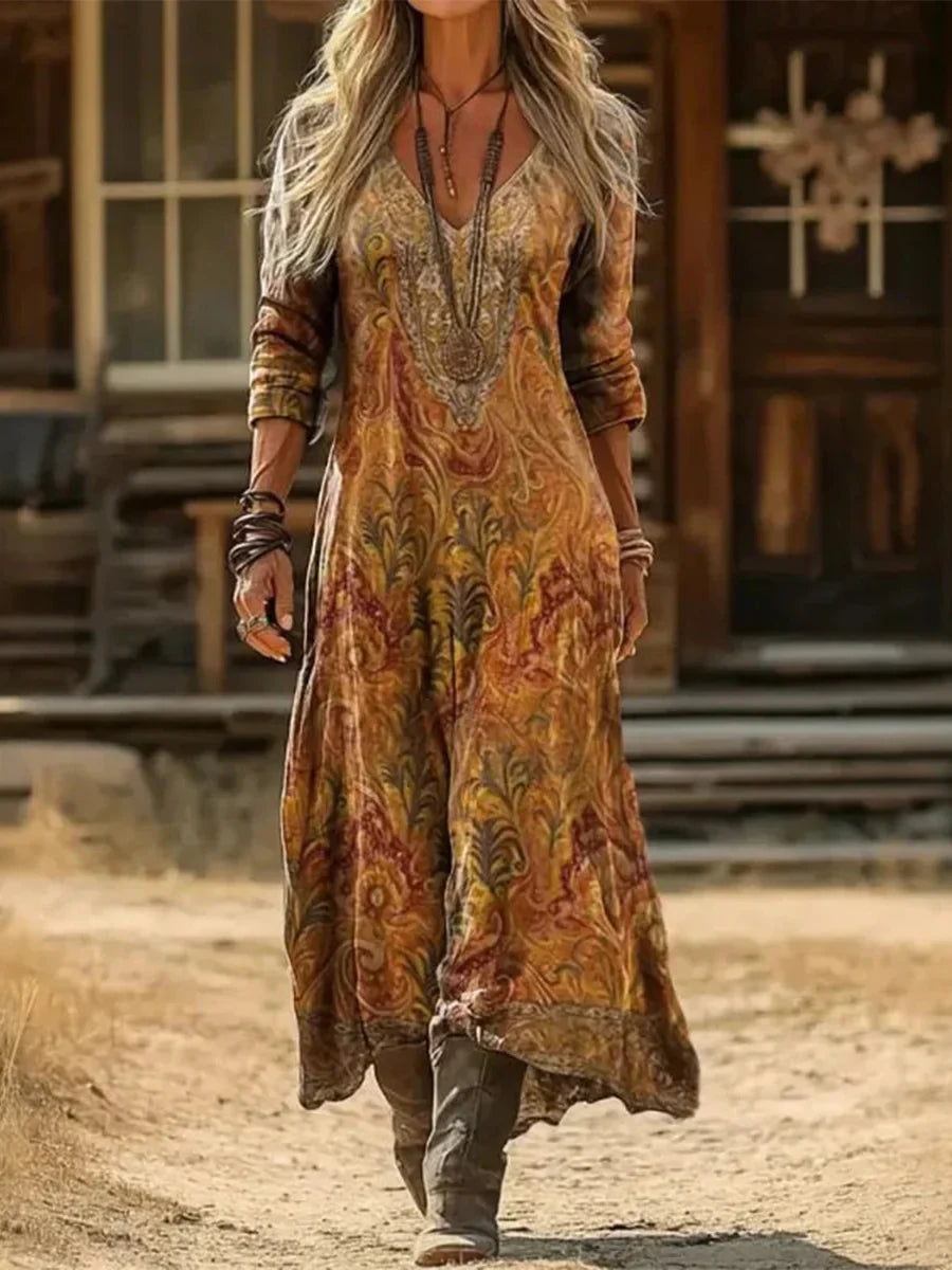 Vintage Ethnic Floral Print V-neck Long Sleeve Comfy Maxi Dress