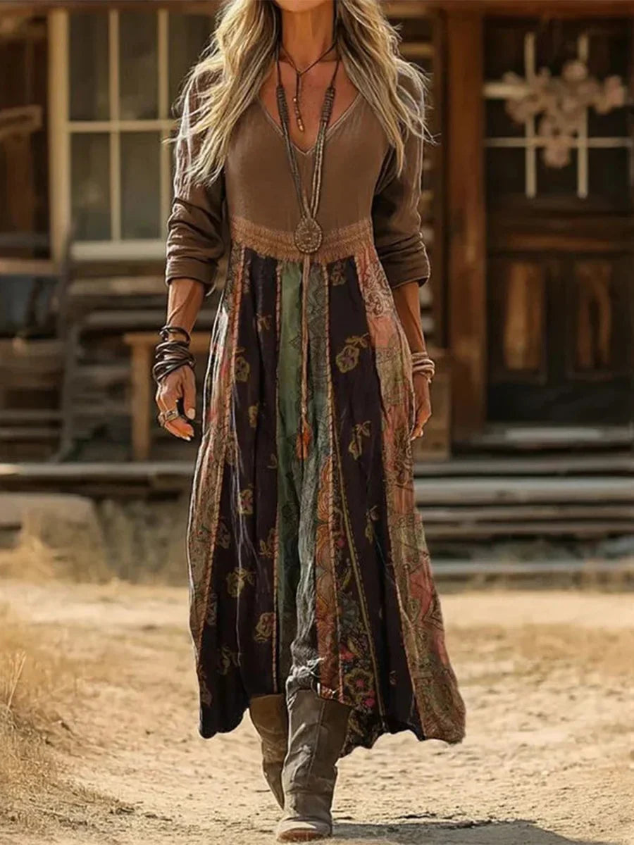 Vintage Floral Print V-neck Long Sleeve Casual Comfy Maxi Dress