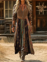 Vintage Floral Print V-neck Long Sleeve Casual Comfy Maxi Dress