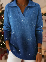 Dreamy Starry Sky Gradient Polo Collar Long Sleeve Casual Loose Sweater