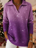 Dreamy Starry Sky Gradient Polo Collar Long Sleeve Casual Loose Sweater