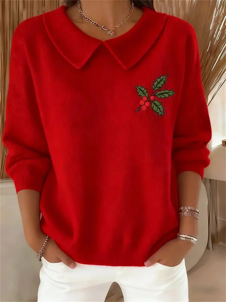 Red Christmas Leaf Print Lapel Neck Long Sleeve Casual Sweater