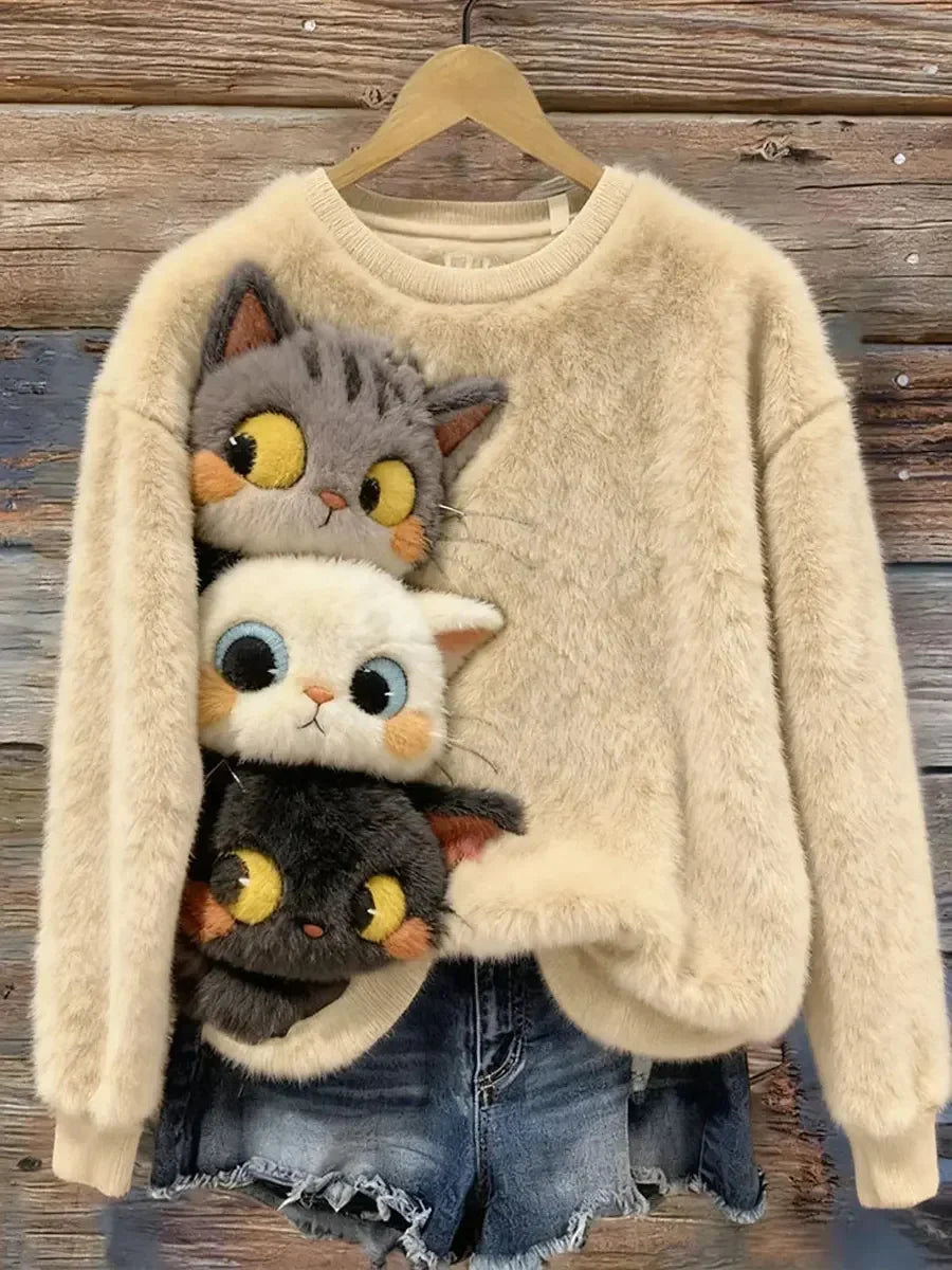 Cute Cartoon Cats Pattern Round Neck Long Sleeve Velvet Casual Sweatshirt