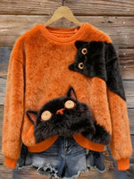 Funny Black Cats Pattern Round Neck Long Sleeve Velvet Comfy Sweatshirt