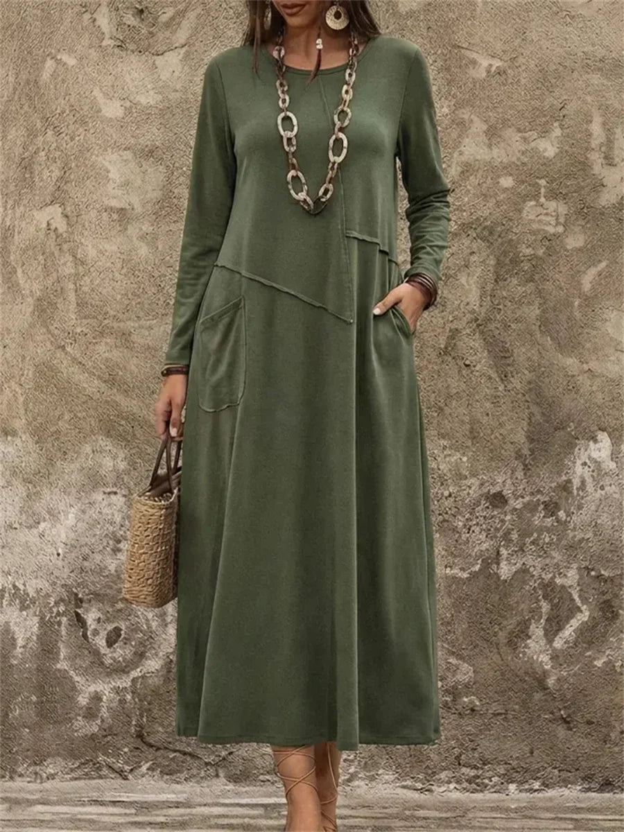 Solid Round Neck Long Sleeve Pockets Casual Comfy Maxi Dress