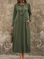 Solid Round Neck Long Sleeve Pockets Casual Comfy Maxi Dress