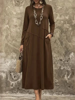 Solid Round Neck Long Sleeve Pockets Casual Comfy Maxi Dress