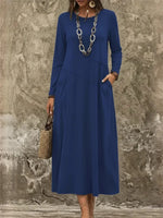 Solid Round Neck Long Sleeve Pockets Casual Comfy Maxi Dress