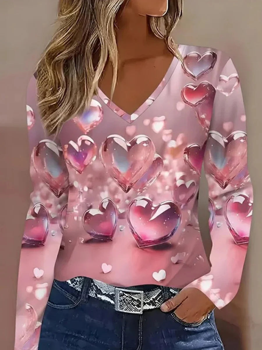 Pink Gradient Heart Print V-neck Long Sleeve Casual Comfy T-Shirt