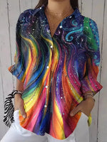 Colourful Gradient Color Print Lapel Long Sleeve Casual Blouse