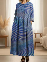 Blue Stripe Print Lapel Neck Long Sleeve Pockets Casual Comfy Maxi Dress