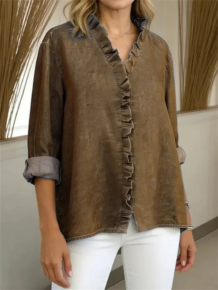 Solid Color V-neck Long Sleeve Loose Casual Blouse