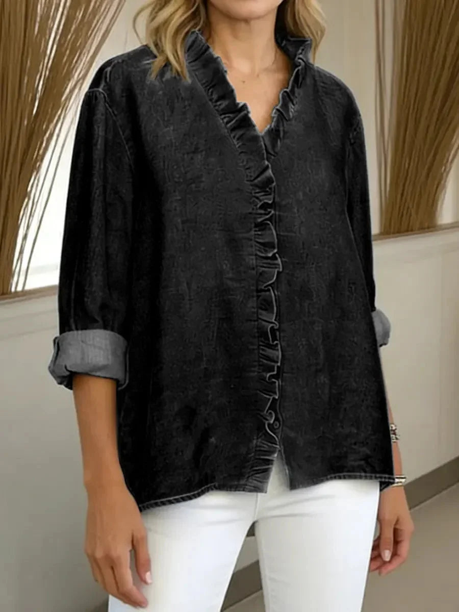 Solid Color V-neck Long Sleeve Loose Casual Blouse