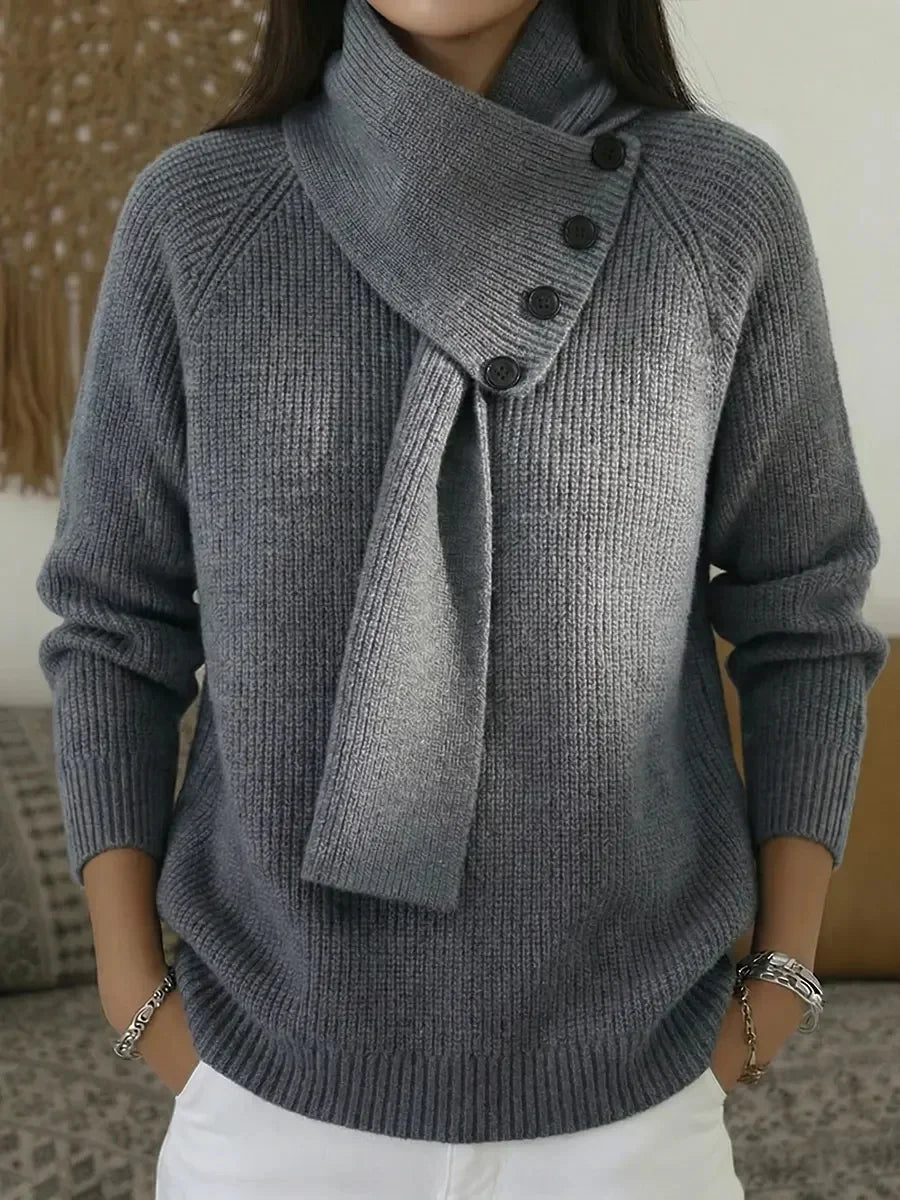 Solid Color V-neck Long Sleeve Casual Pullover Sweater With Detachable Scarf