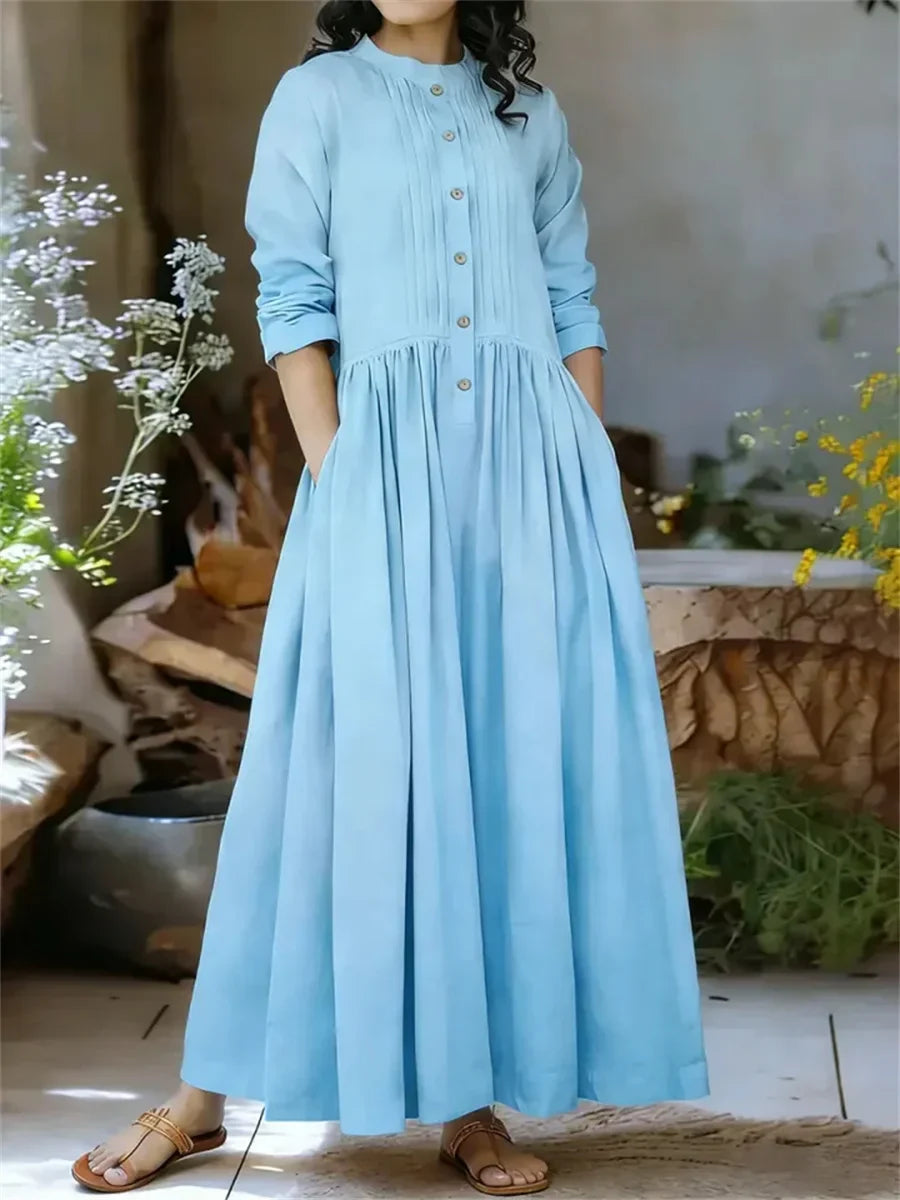 Solid Color Round Neck Buttons Long Sleeve Comfy Casual Maxi Dress