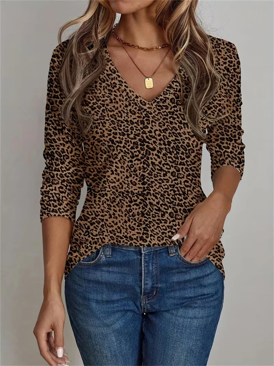 Vintage Leopard Print V Neck Long Sleeve Loose Casual T-shirt