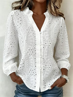 White Hollow Out V-neck Long Sleeve Casual Loose Shirt
