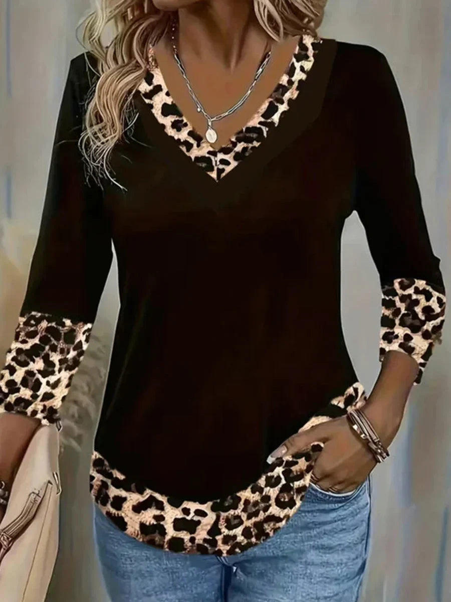 Leopard Print V-neck Long Sleeve Casual Comfy T-Shirt