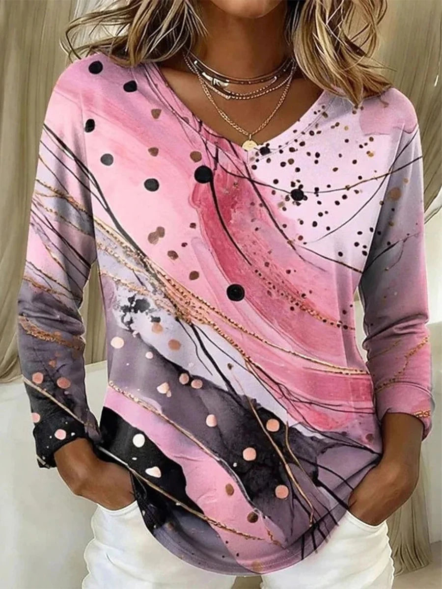 Classic Abstract Print Long Sleeve V-neck Casual Blouse