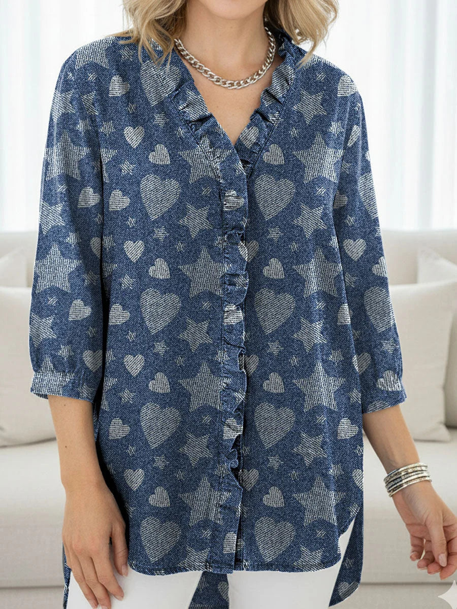 Chic Heart Stars Art Print V-neck 3/4 Sleeve Loose Casual Shirt