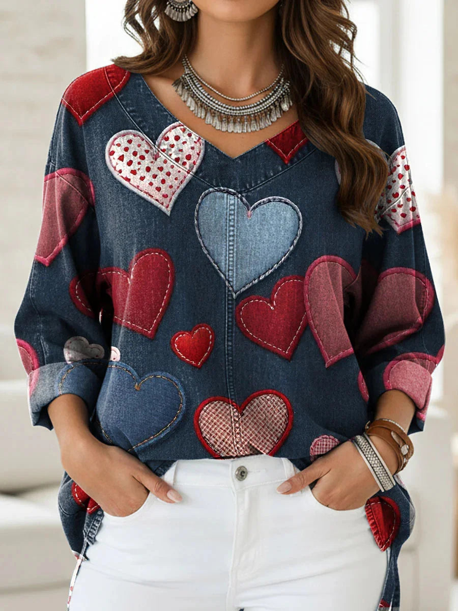 Vintage Heart Print V-neck 3/4 Sleeve Loose Casual Shirt