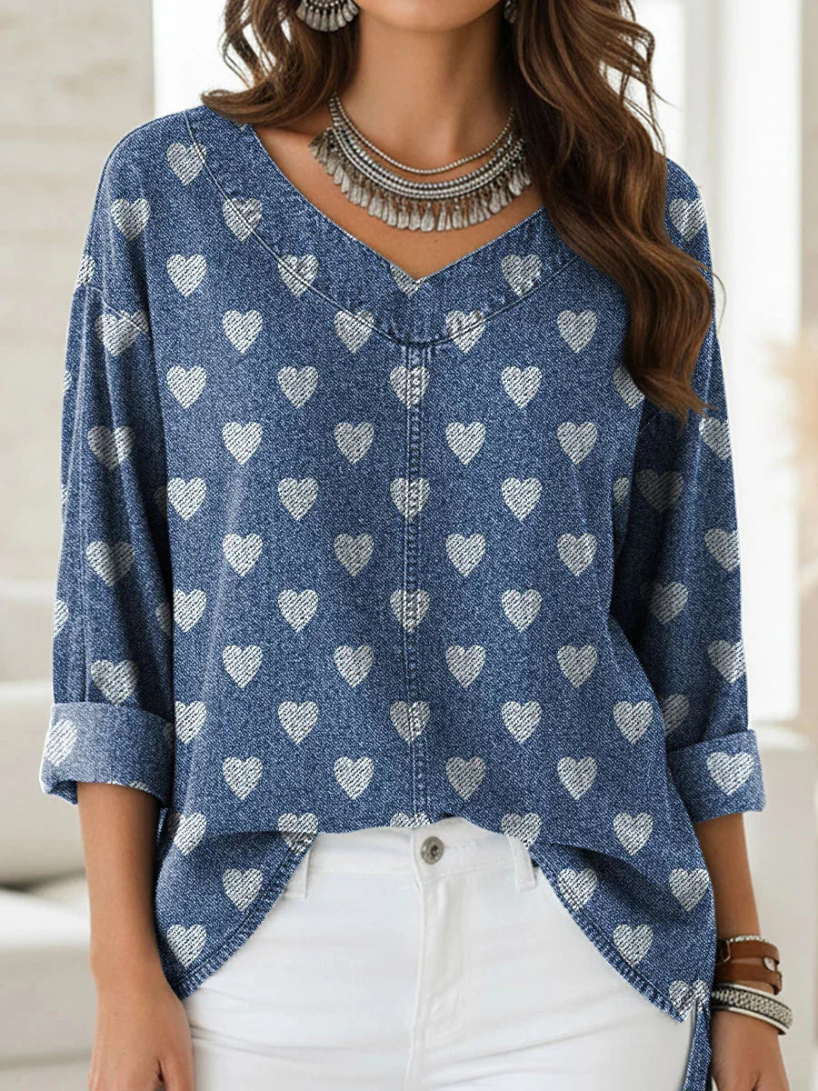 Blue Heart Print V-neck 3/4 Sleeve Loose Casual Shirt
