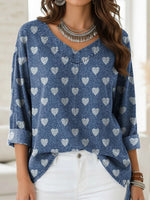 Blue Heart Print V-neck 3/4 Sleeve Loose Casual Shirt