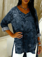 Vintage Elegant Floral Print V-neck 3/4 Sleeve Side Slit Loose Casual Shirt