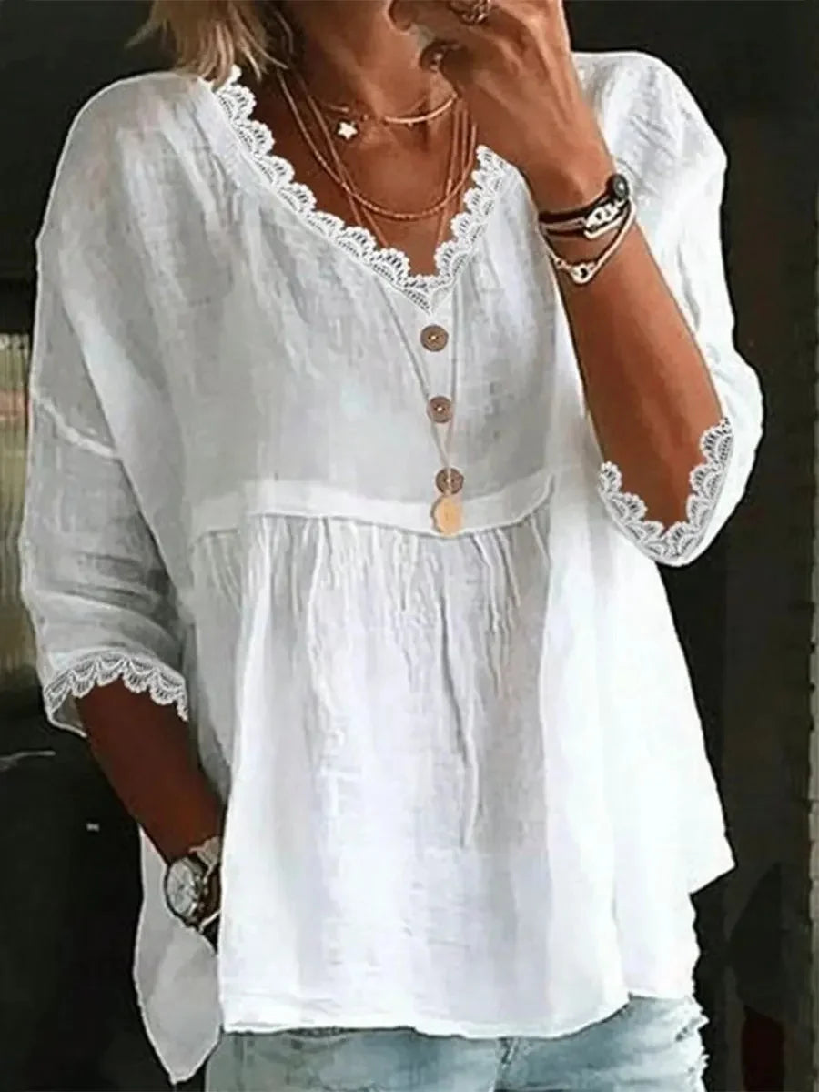 Classic Plain Lace V-neck 3/4 Sleeve Loose Casual Shirt