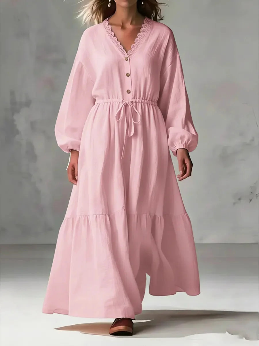 Cozy White Lace V-neck Long Sleeve Casual Comfy Maxi Dress