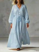 Cozy White Lace V-neck Long Sleeve Casual Comfy Maxi Dress