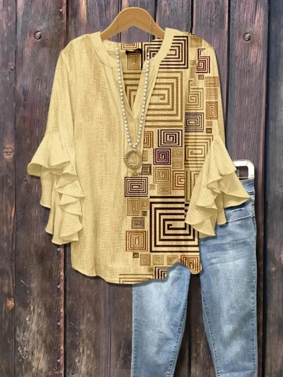 Vintage Geometric Print V-neck 3/4 Sleeve Casual Blouse
