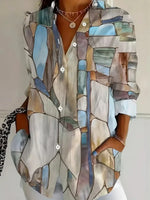 Vintage Abstract Geometric Print Lapel Long Sleeve Casual Blouse