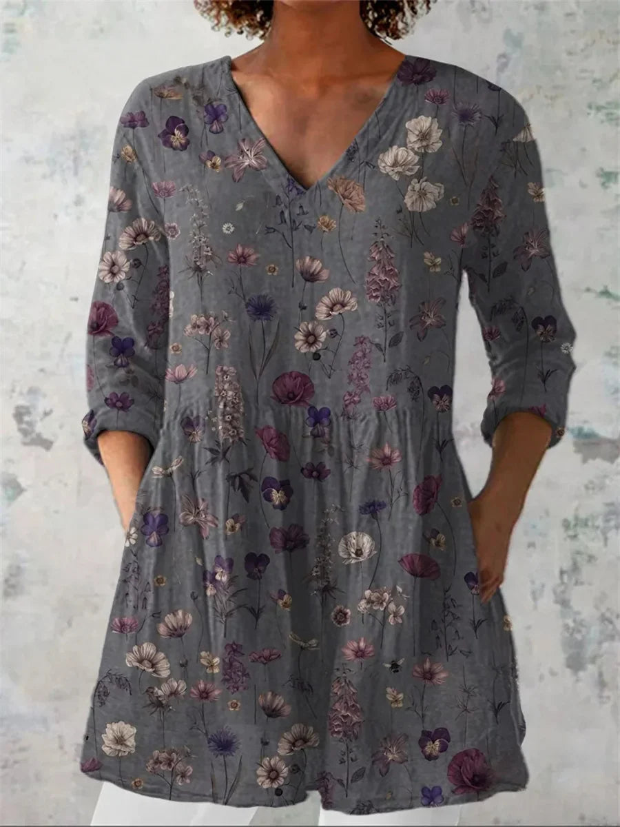 Women's Flowers Print Casual V-Neck 3/4 Sleeve Shirt