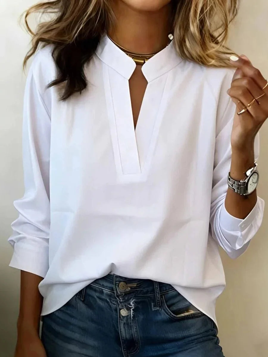 Basic White Plain V-Split Neck Long Sleeve Casual Comfy Blouse