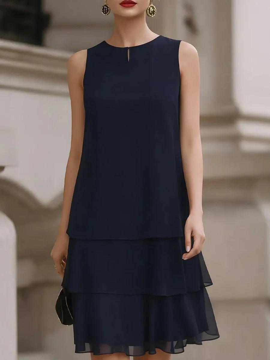 Elegant Blue Crew Neck Sleeveless Tiered Chiffon Comfy Mini Dress